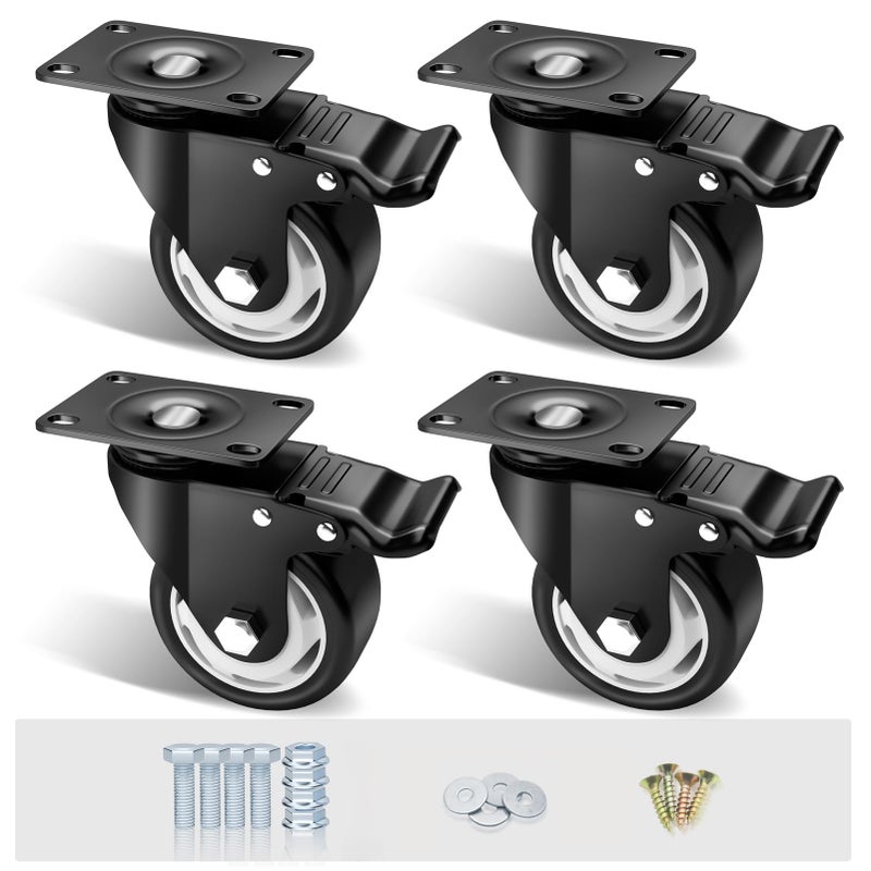 ASHGOOB 3" Caster Wheels Set of 4, Heavy Duty Casters with Brake, No Noise Locking Casters with Polyurethane (PU) Wheels, Swivel Plate Castors Pack of 4 - Image 1